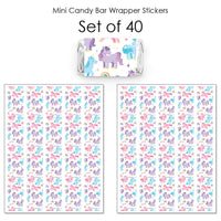 Set of 40 mini unicorn candy bar wrapper stickers with unicorn design on a white background.