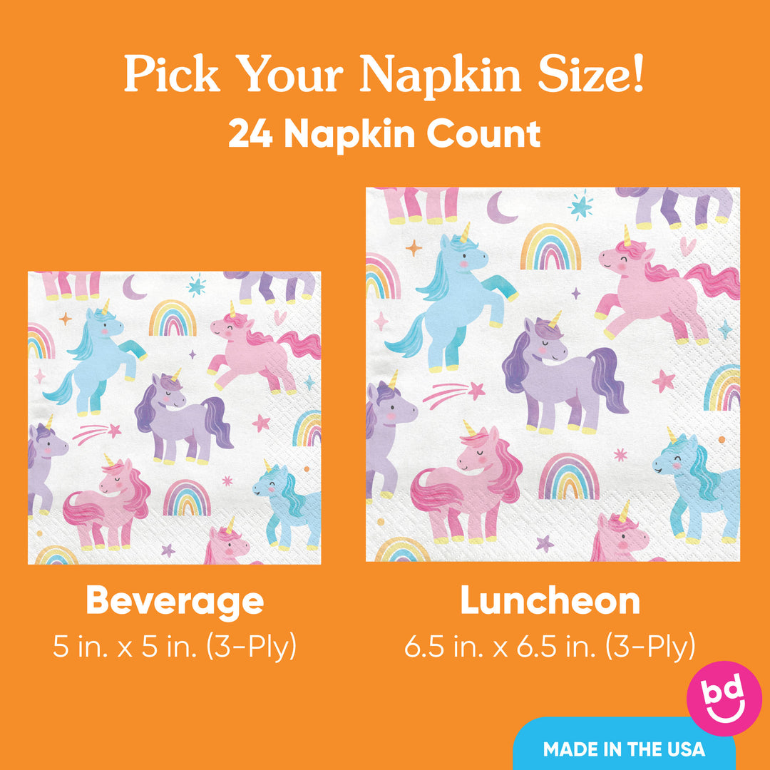 Unicorn-themed napkins with beverage and luncheon size options on an orange background.