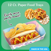 Paper food trays with a hot dog, chips, and nachos on a green background with text about serving party meals.