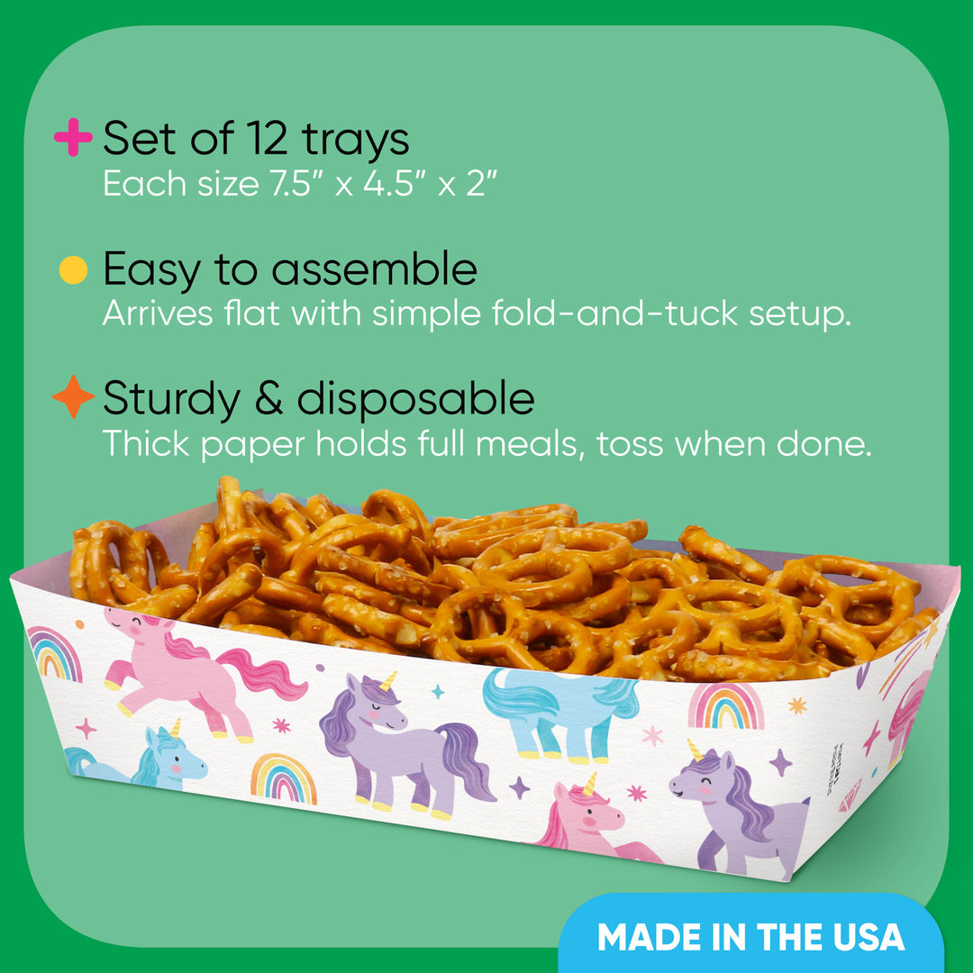 Set of 12 paper trays with pretzels, unicorn design, and text about product features on a green background.
