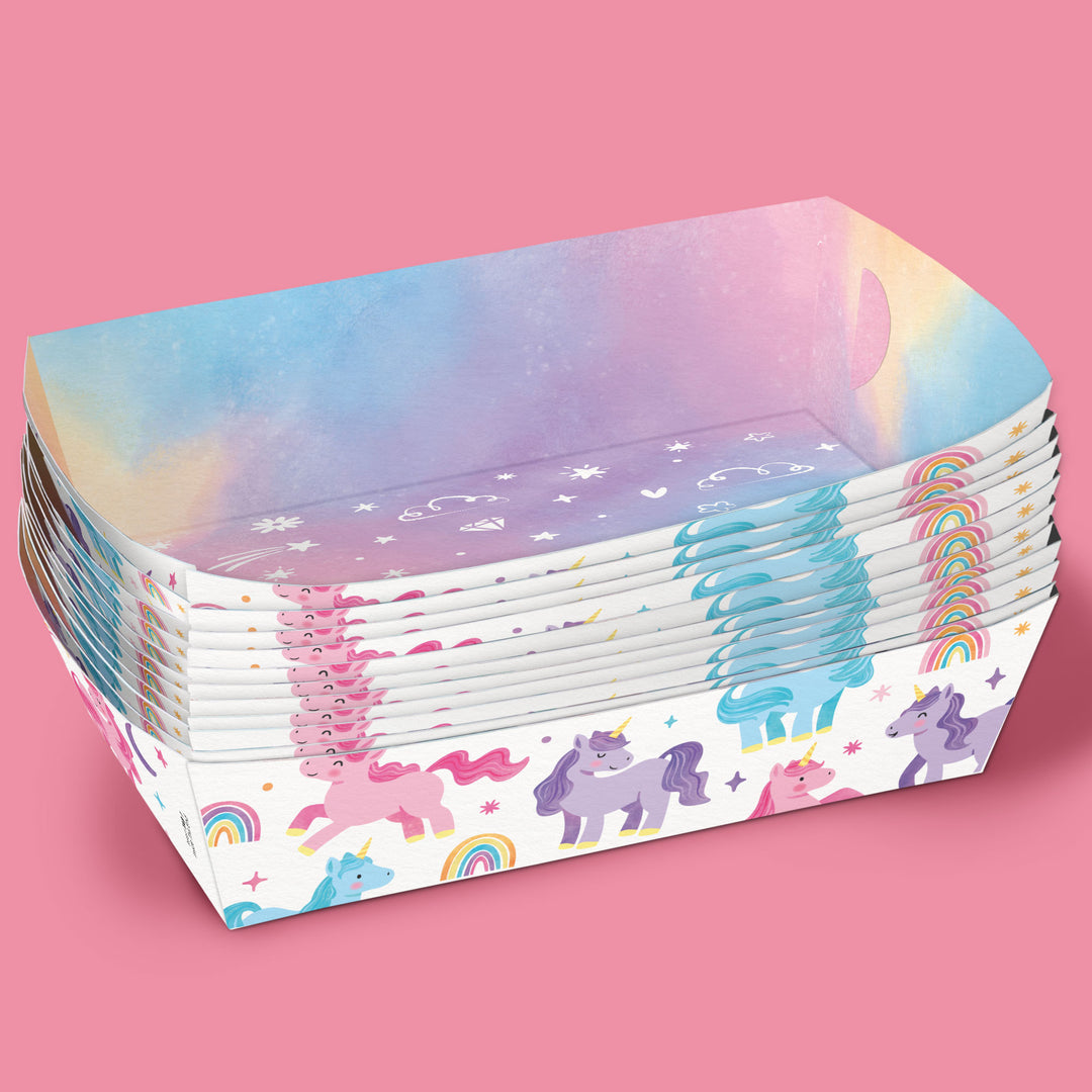 Stack of colorful paper plates with unicorn designs on a pink background