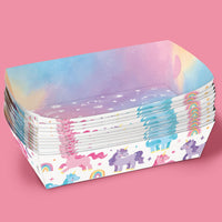 Stack of colorful paper plates with unicorn designs on a pink background