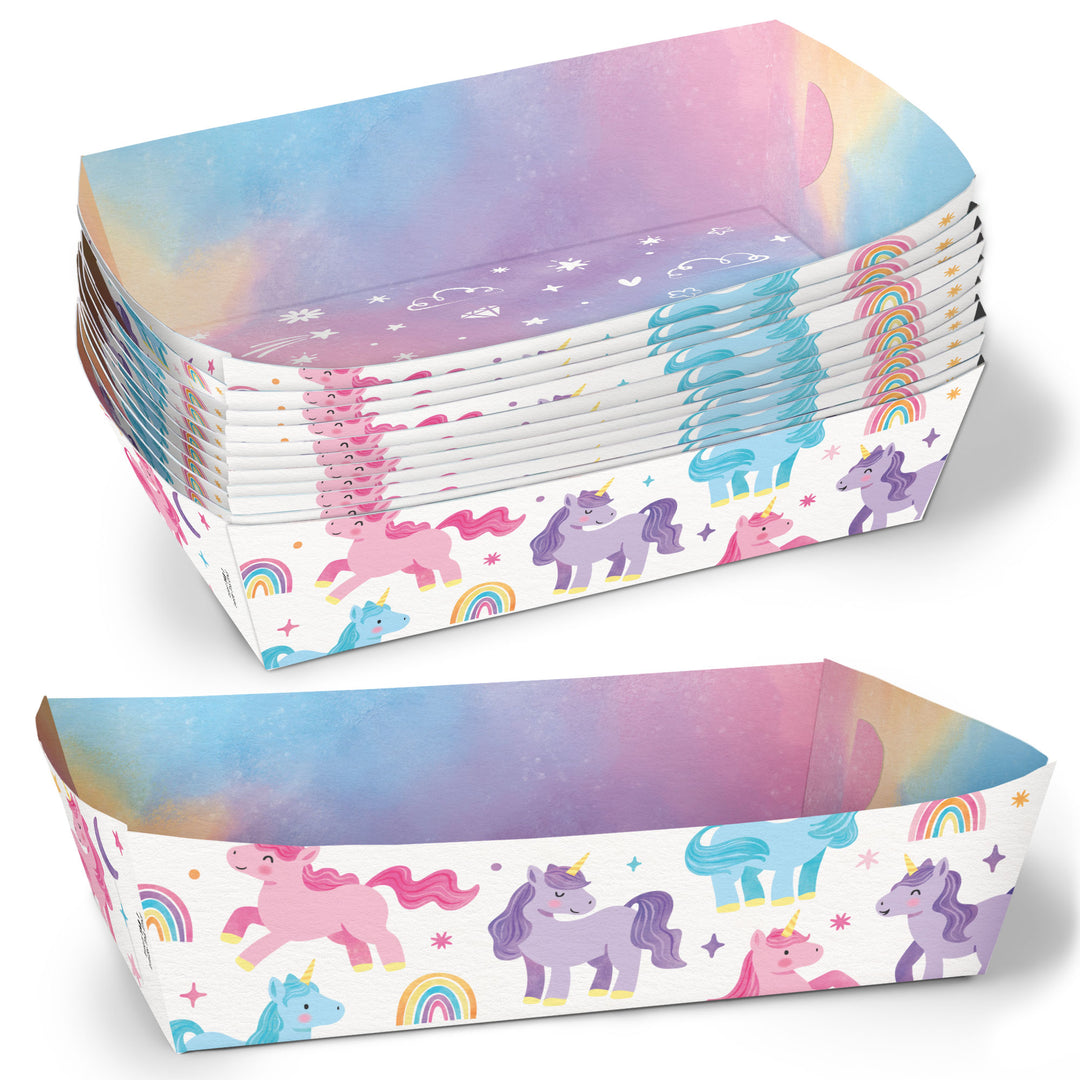 Stack of paper trays with unicorn and rainbow design on a white background