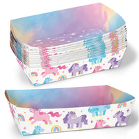 Stack of paper trays with unicorn and rainbow design on a white background