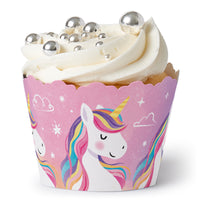 Cupcake with unicorn-themed wrapper on a white background