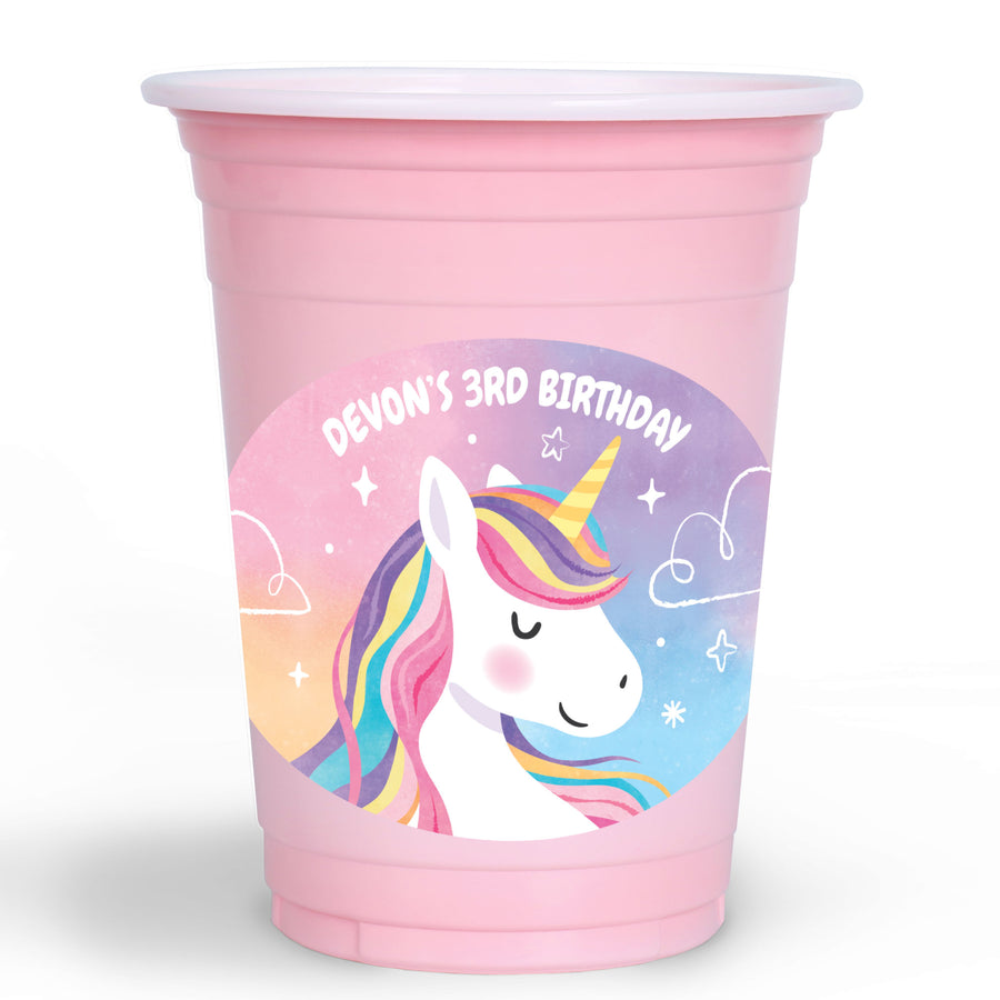 Custom Pink party cup with unicorn design and 'Devon's 3rd Birthday' text on a white background