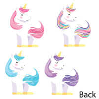 Four colorful unicorn illustrations with different colored manes on a white background.