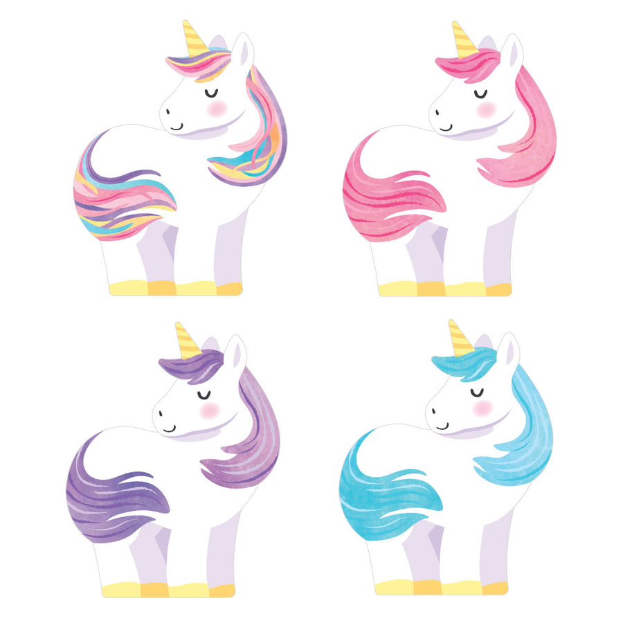 Four colorful unicorn DIY Party Supplies for Girls with rainbow manes on a white background