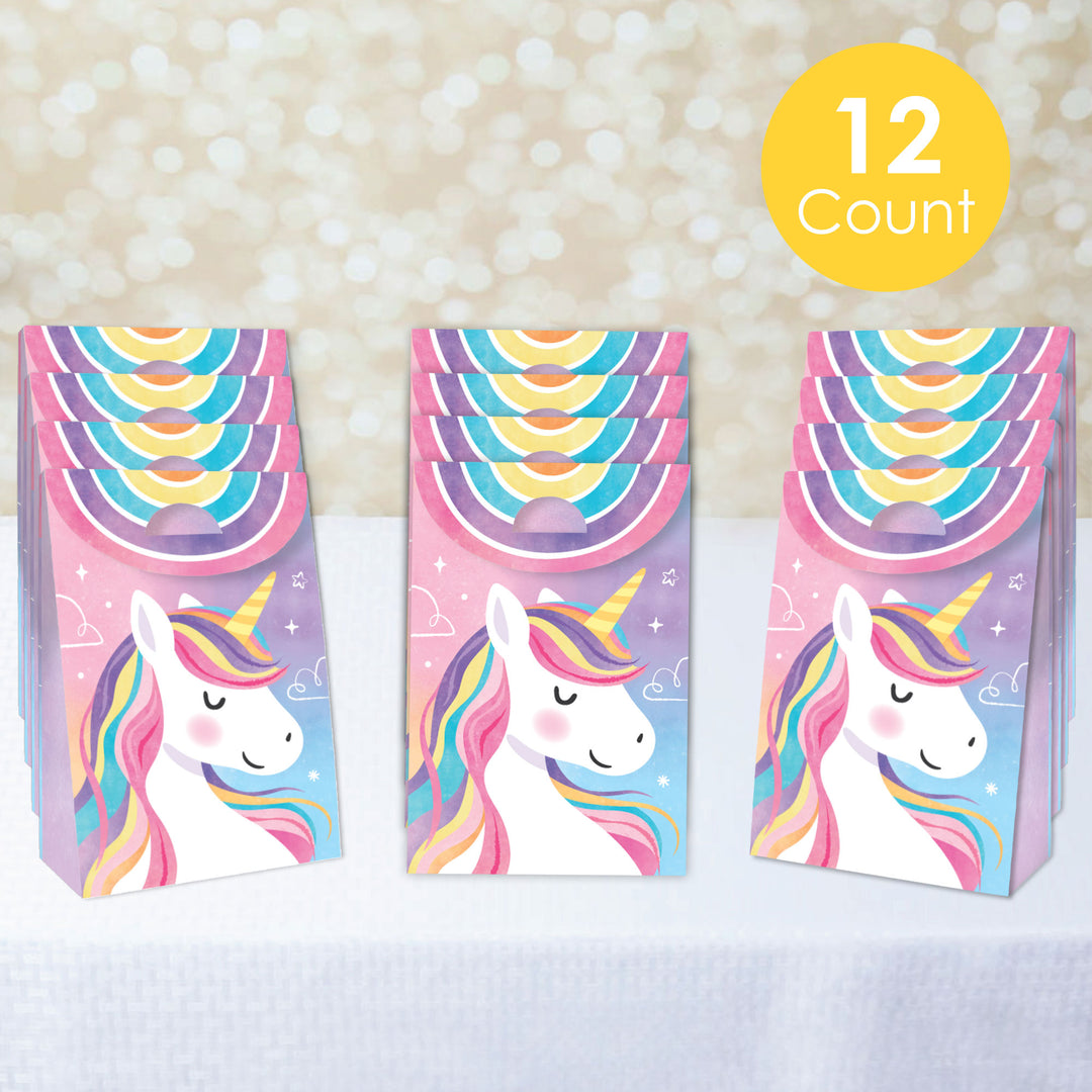 colorful unicorn-themed gift bags with a '12 Count' label on a light background.