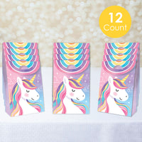 colorful unicorn-themed gift bags with a '12 Count' label on a light background.