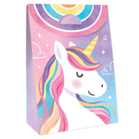 Gift bag with a unicorn design featuring a rainbow-colored mane on a white background