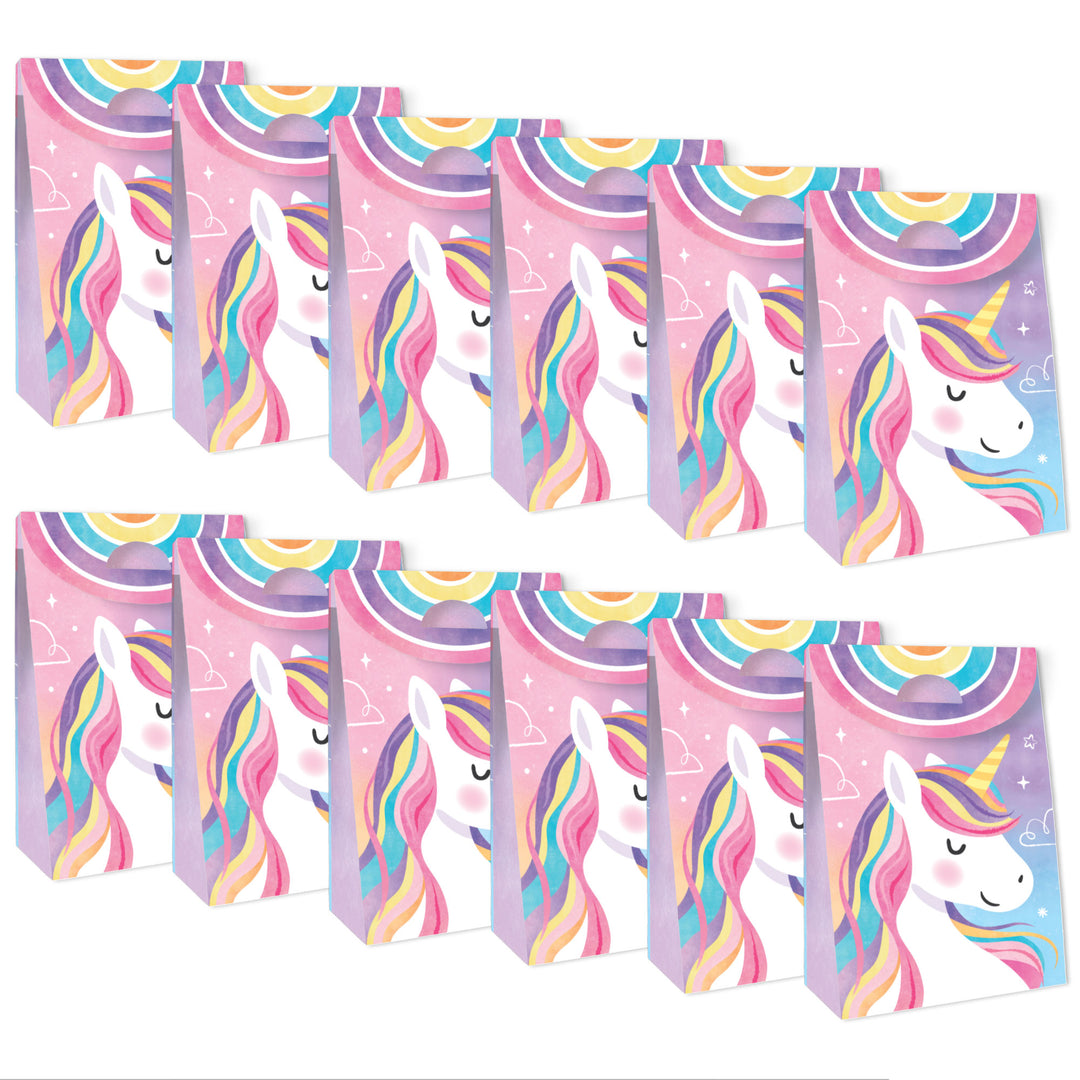Unicorn-themed party favor boxes with colorful designs on a white background