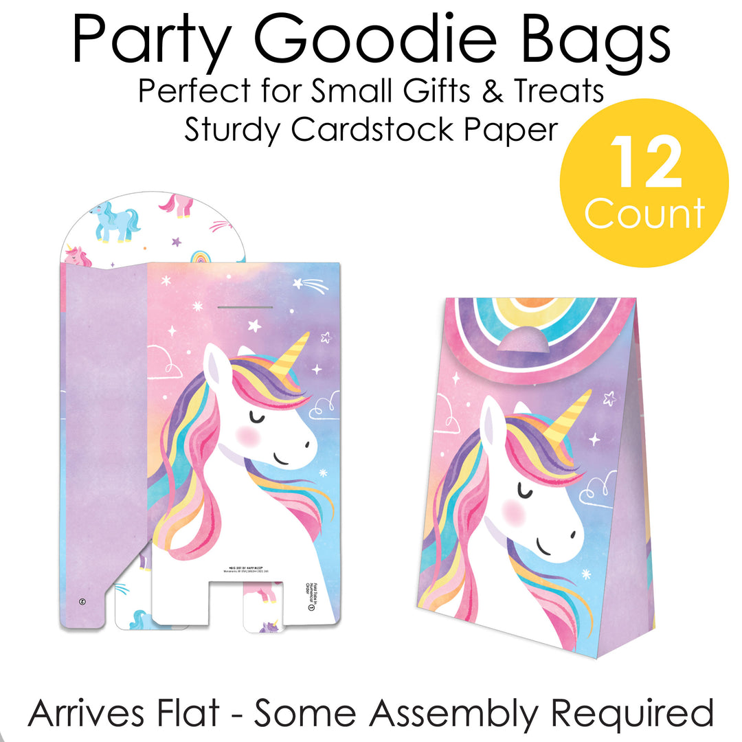 Unicorn-themed party goodie bags with colorful designs on a white background