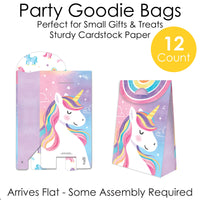 Unicorn-themed party goodie bags with colorful designs on a white background
