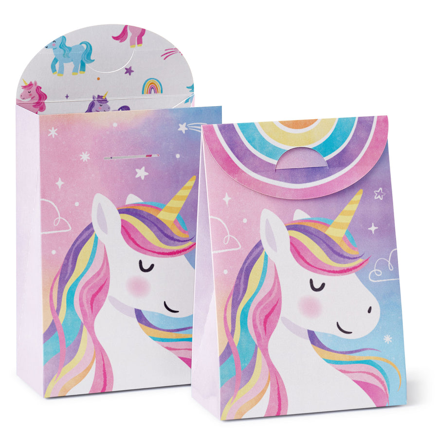 Unicorn-themed gift bags with colorful designs on a white background