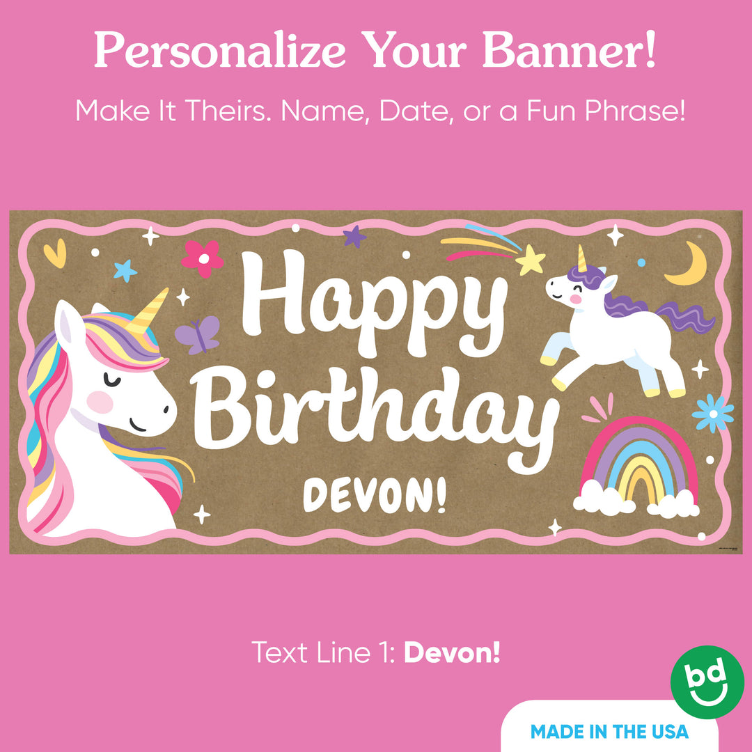 Custom name printed on unicorn birthday banner