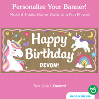 Custom name printed on unicorn birthday banner