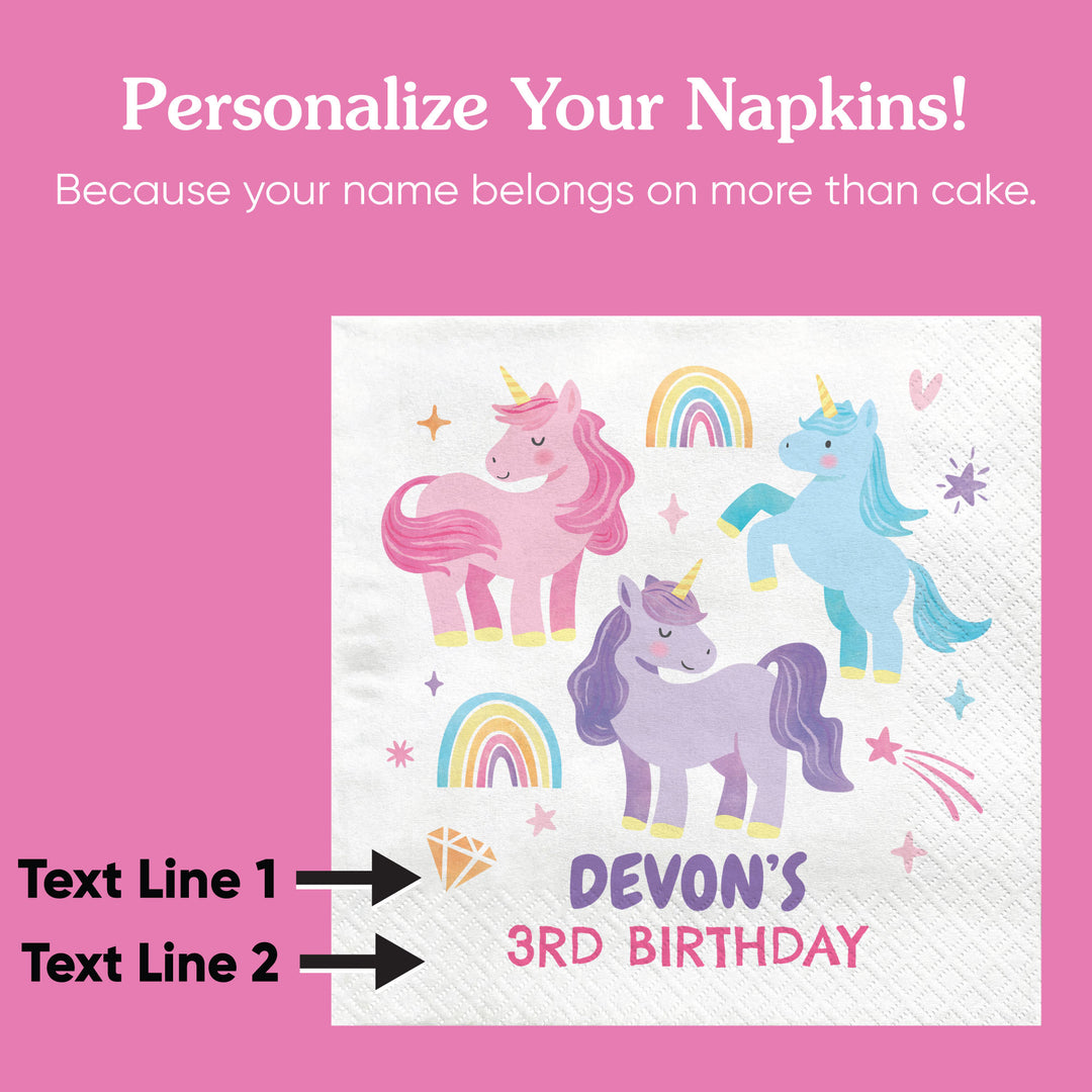 Unicorn-themed napkin with customizable text on a pink background