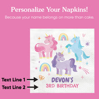 Unicorn-themed napkin with customizable text on a pink background