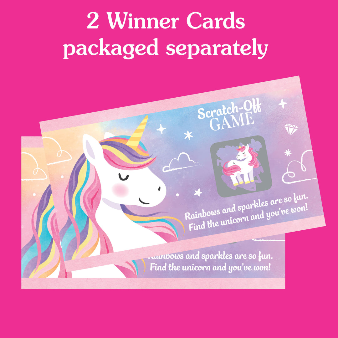 Two unicorn-themed scratch-off game cards on a pink background with text about separate winner cards.
