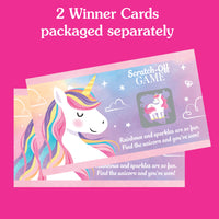 Two unicorn-themed scratch-off game cards on a pink background with text about separate winner cards.