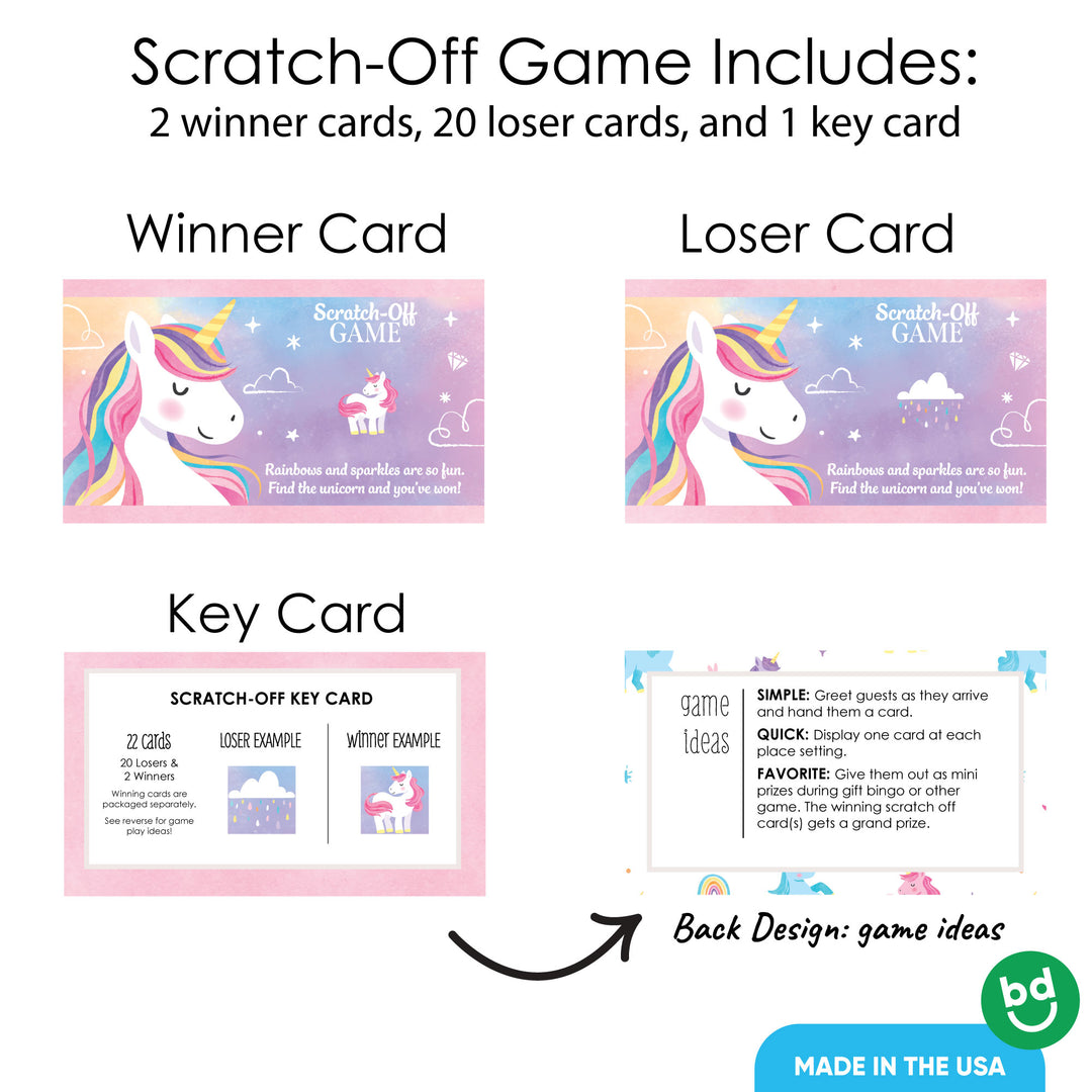 Scratch-off game cards with unicorn design on a white background