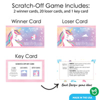 Scratch-off game cards with unicorn design on a white background