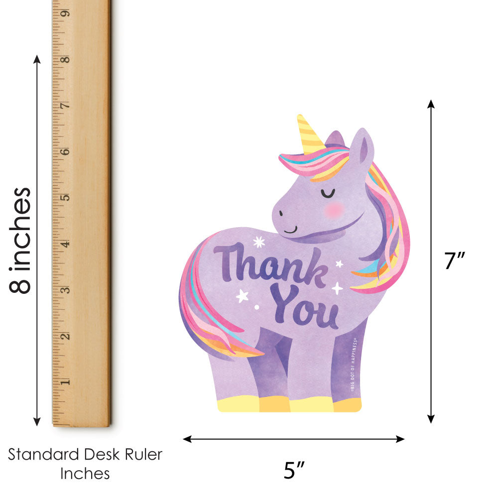 Purple unicorn with rainbow mane and tail, featuring 'Thank You' text, next to a ruler showing its dimensions.