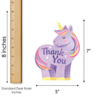Purple unicorn with rainbow mane and tail, featuring 'Thank You' text, next to a ruler showing its dimensions.
