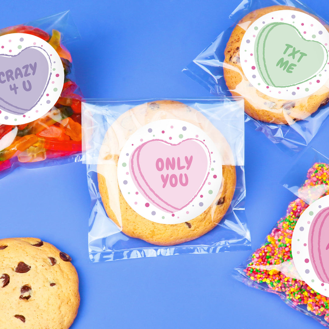 Valentine Hearts Stickers & Clear Cookie Bags - 25 Ct