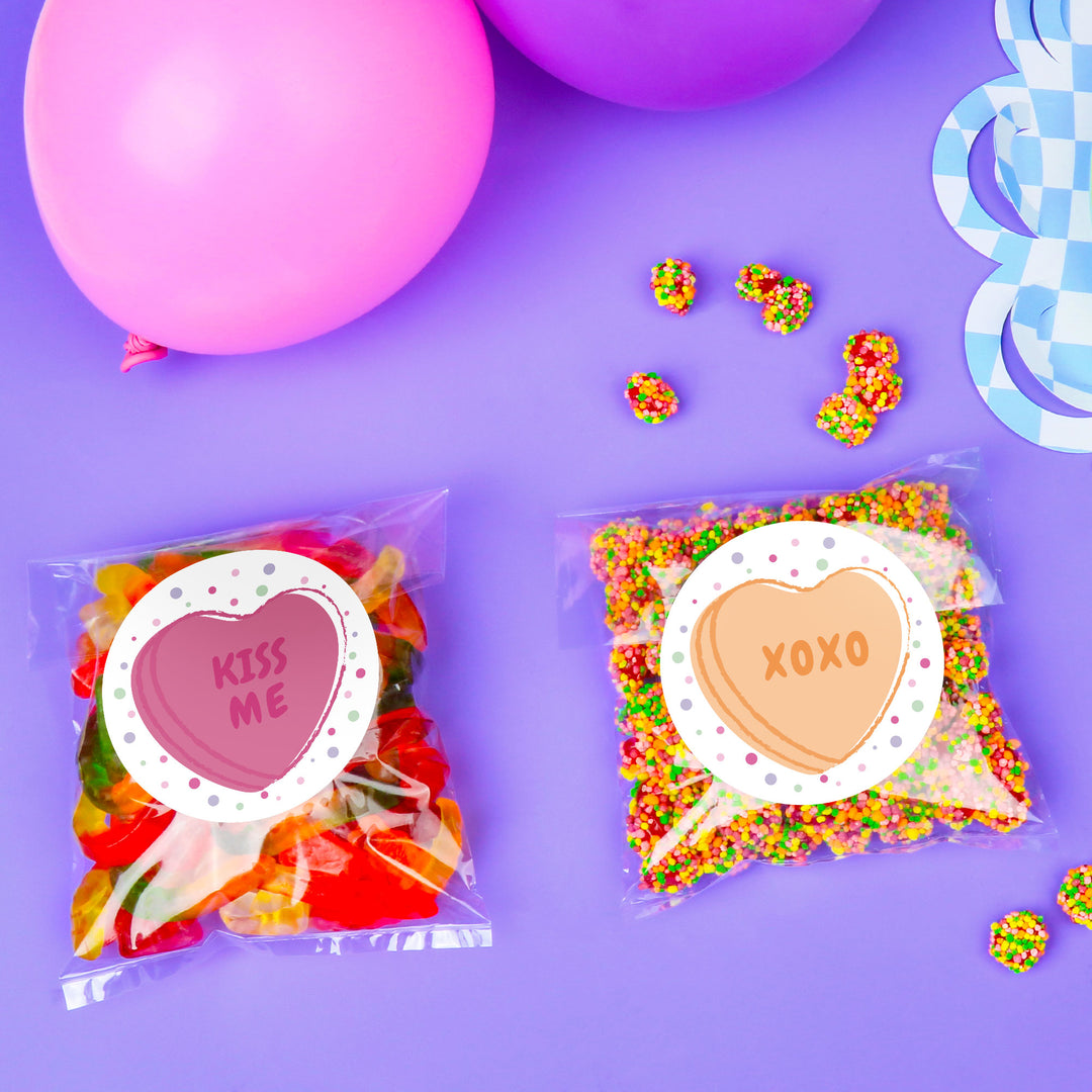 Valentine Hearts Stickers & Clear Cookie Bags - 25 Ct