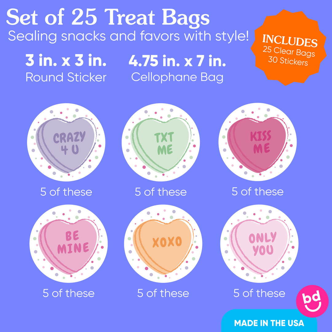 Valentine Hearts Stickers & Clear Cookie Bags - 25 Ct
