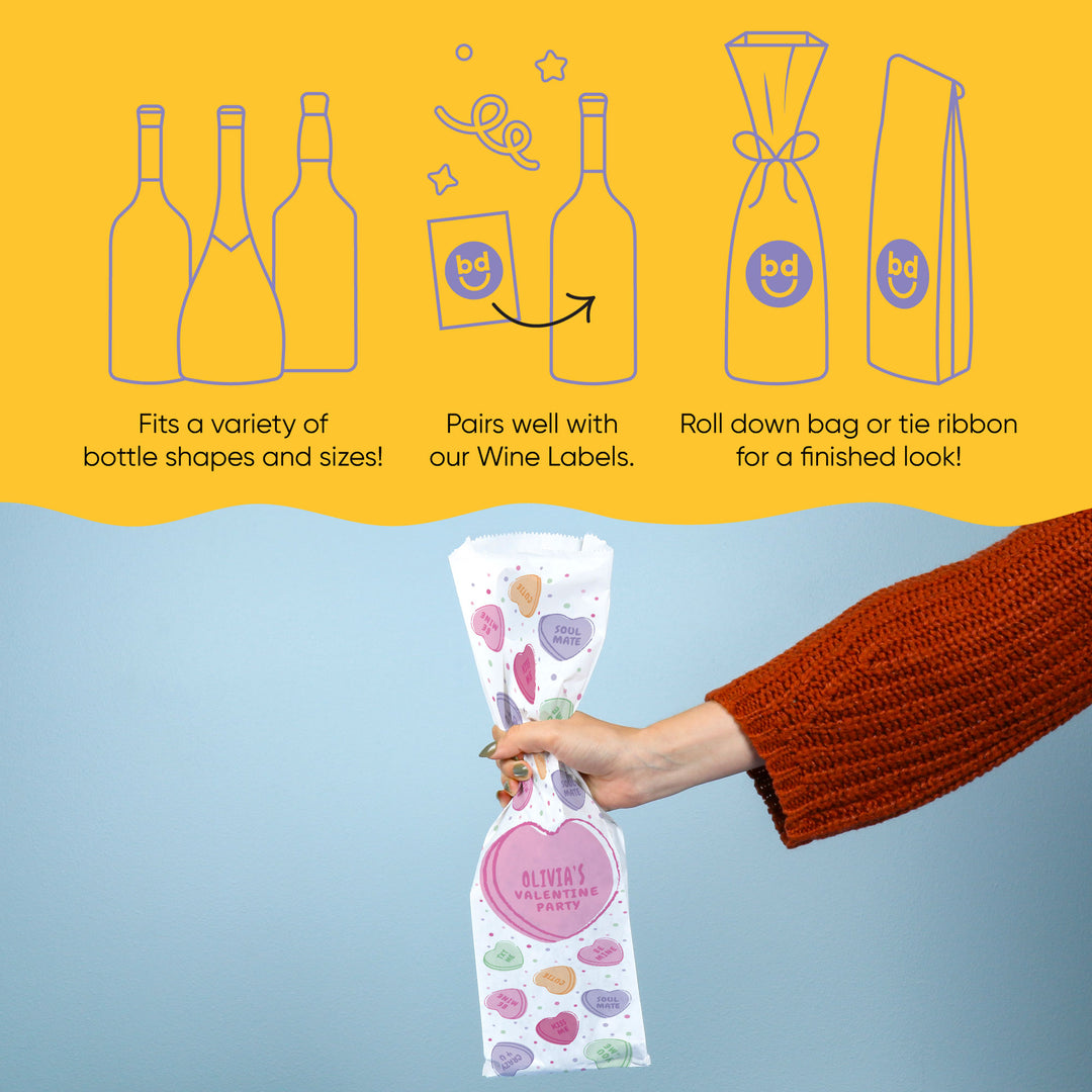 Custom Text Wine Bags - Valentine Hearts - 12 Ct