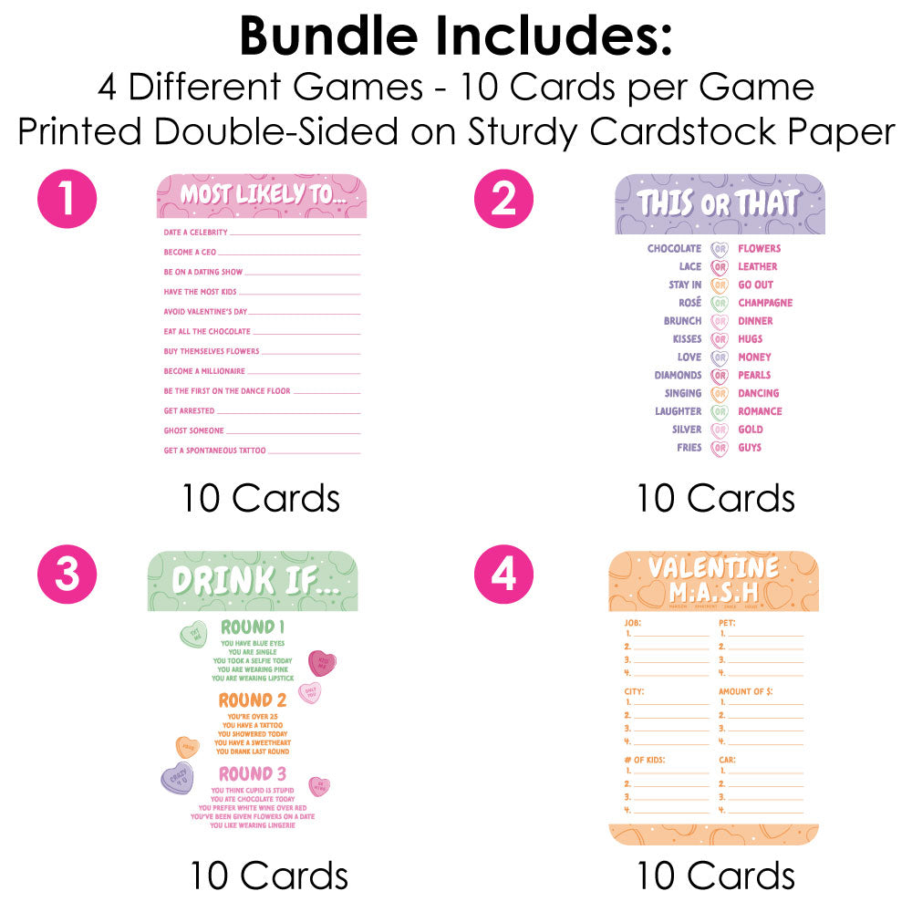 Valentine Hearts - 4 Adult Galentine’s & Valentine’s Day Party Games - 10 Cards Each - Gamerific Bundle