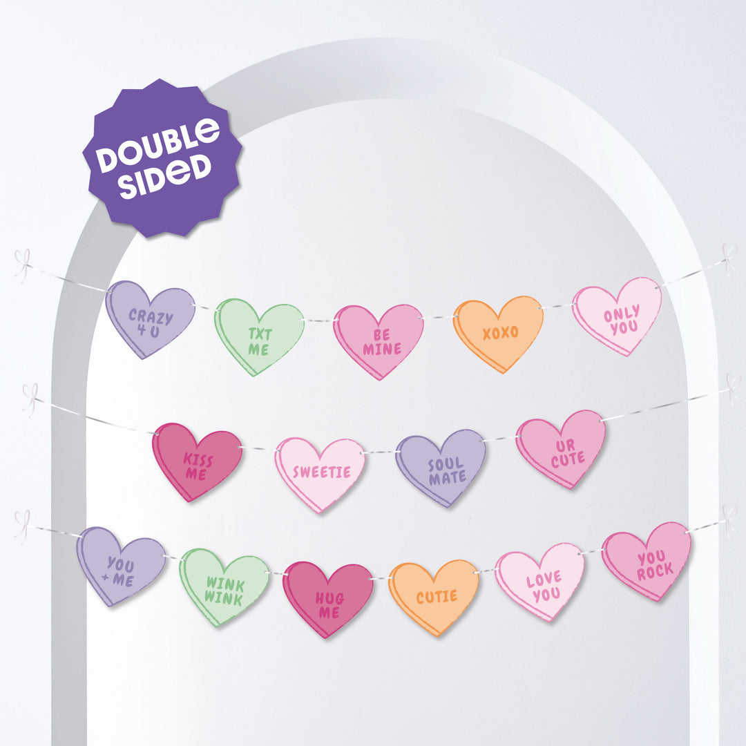 Heart-shaped banner with Valentine's Day phrases on a white background