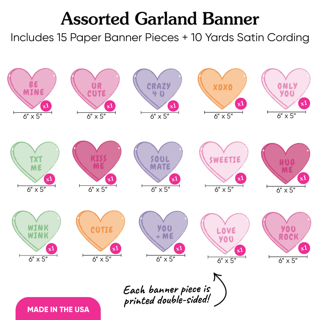 Assorted heart-shaped paper banner pieces with printed messages on a white background.