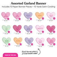 Assorted heart-shaped paper banner pieces with printed messages on a white background.