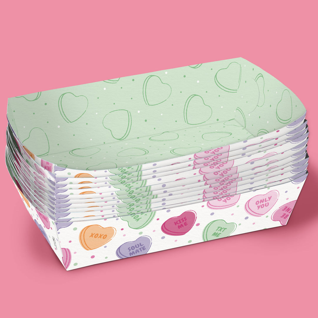 Candy heart themed paper snack tray for Valentine’s Day events