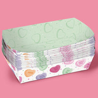 Candy heart themed paper snack tray for Valentine’s Day events