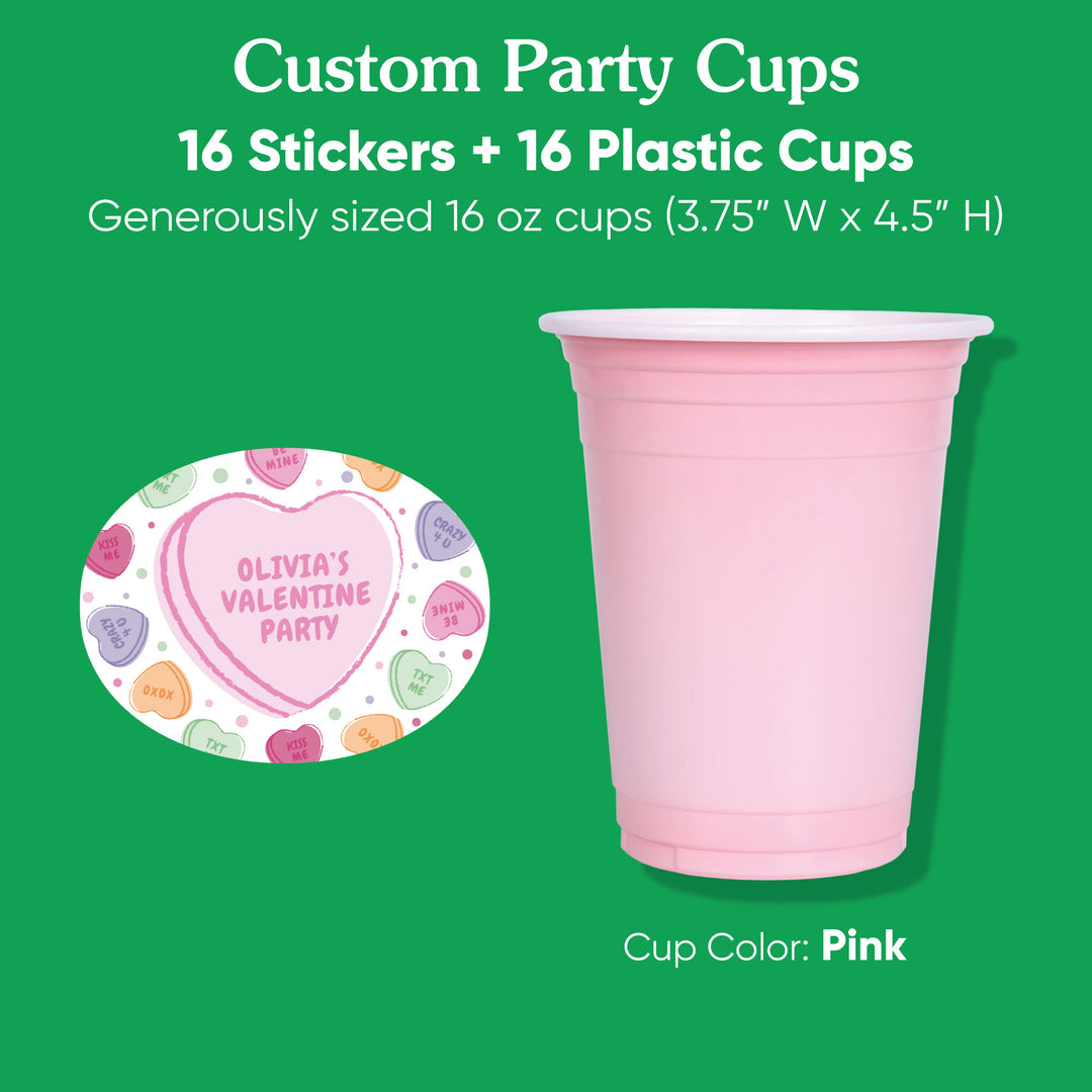 Custom Text Party Cups - Valentine Hearts - 16 Ct