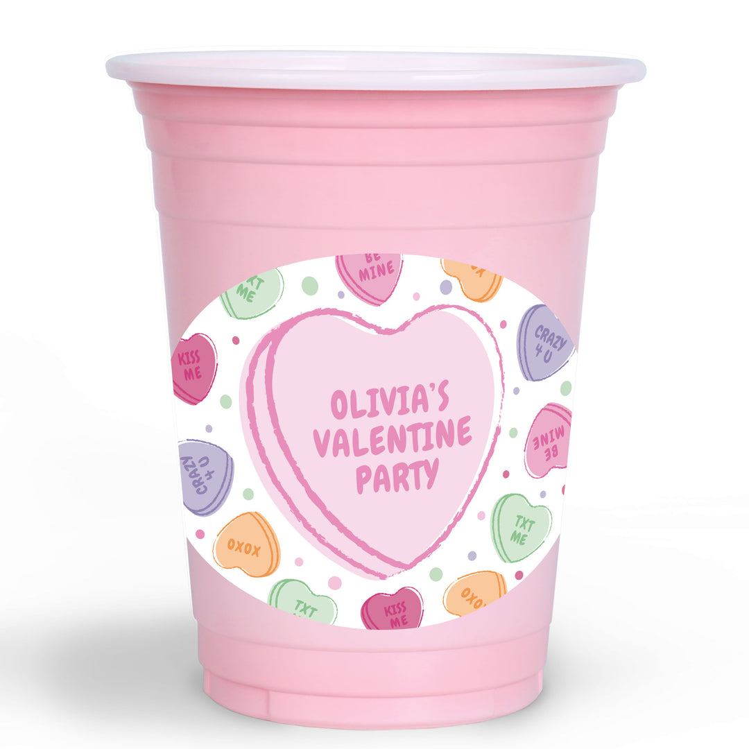 Custom Pink cup with a Valentine's Day design and 'Olivia's Valentine Party' text.