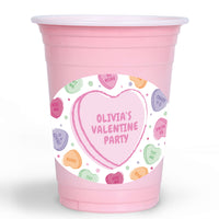 Custom Pink cup with a Valentine's Day design and 'Olivia's Valentine Party' text.