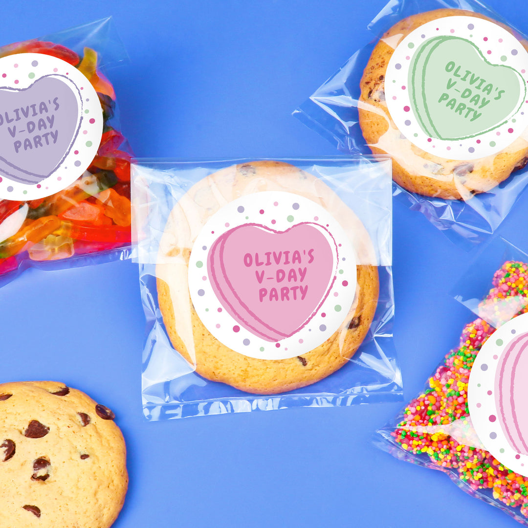 Custom Text Stickers & Clear Cookie Bags - Valentine Hearts