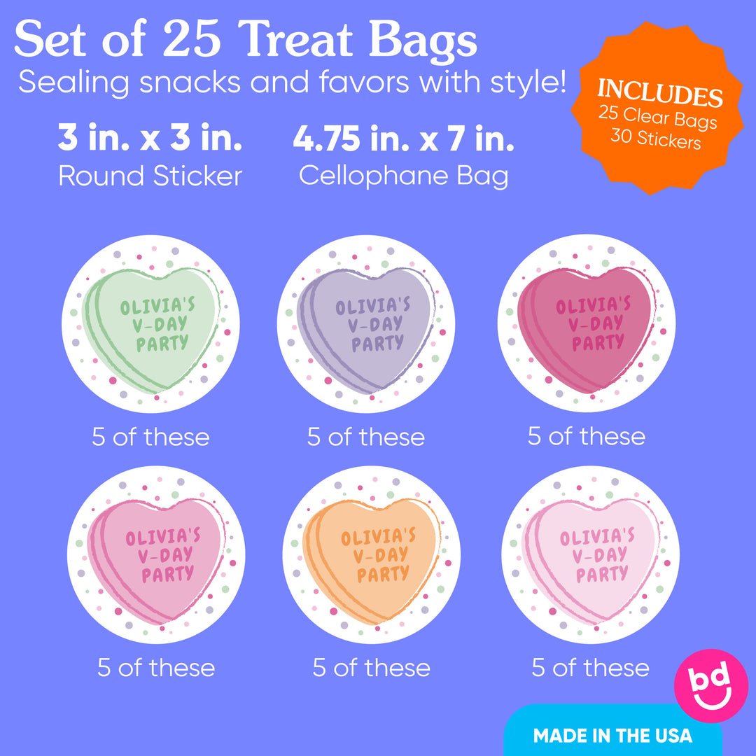 Custom Text Stickers & Clear Cookie Bags - Valentine Hearts