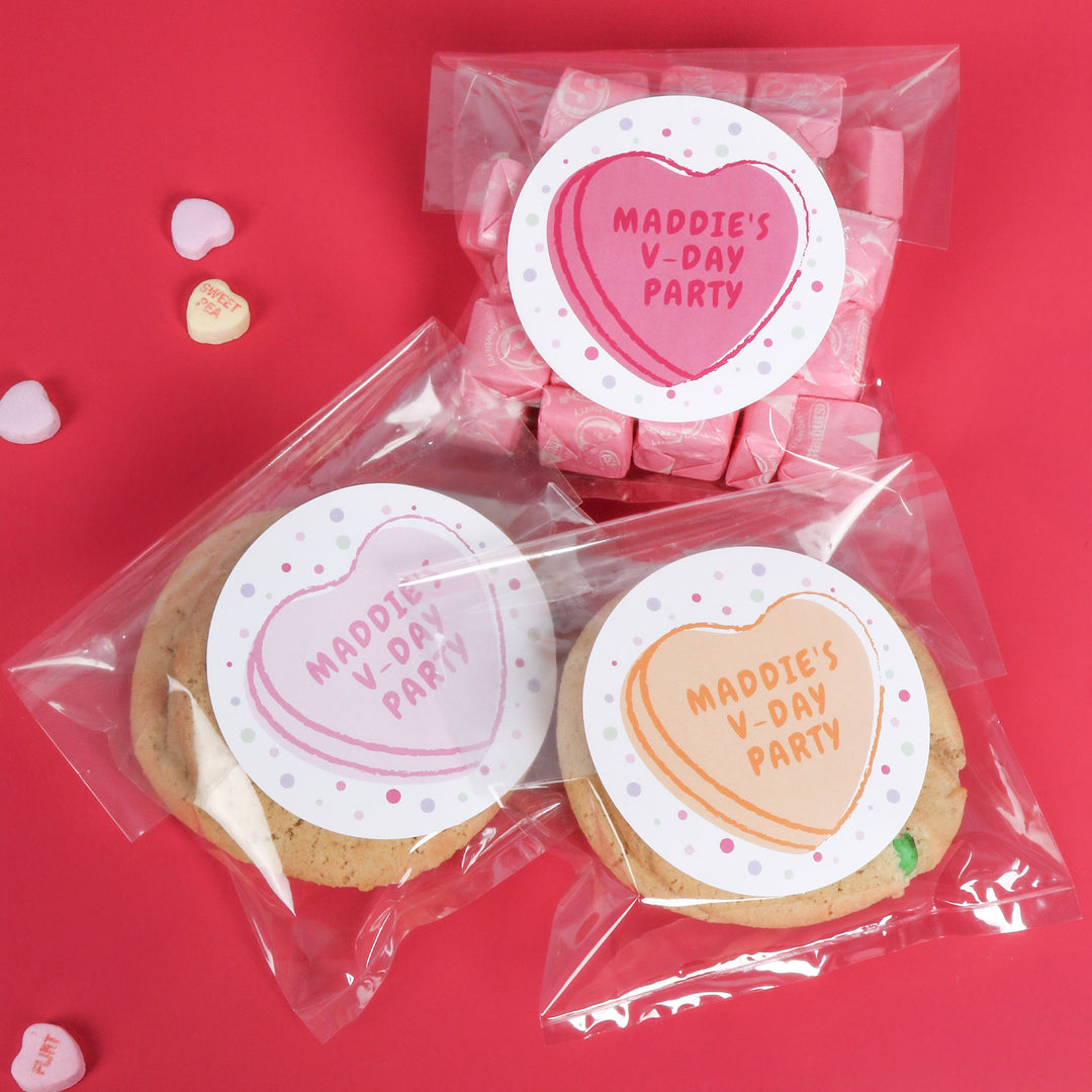 Custom Text Stickers & Clear Cookie Bags - Valentine Hearts