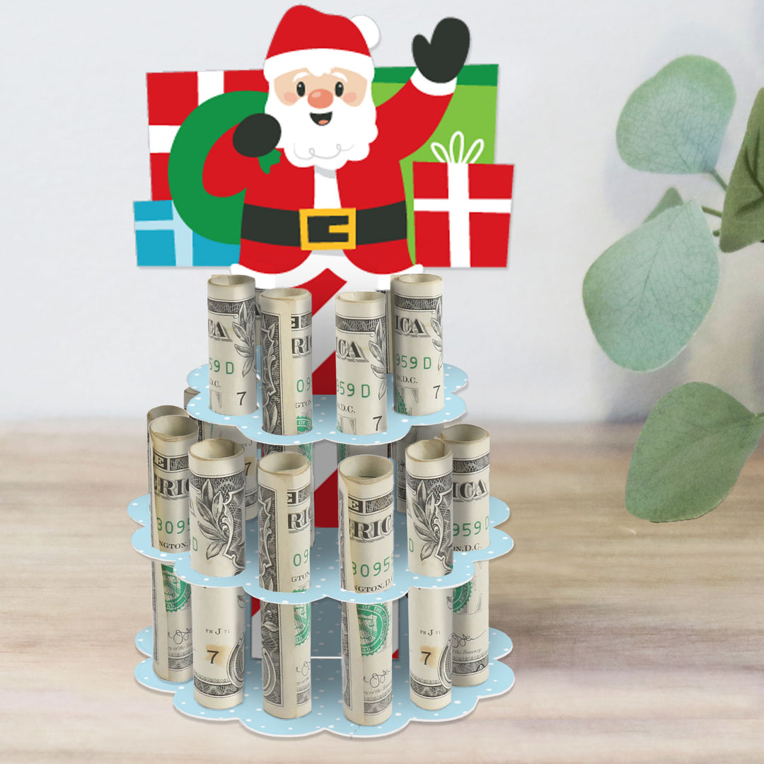 A decorative DIY Santa Claus money holder stand with slots for rolled-up bills, designed for a holiday party gift.