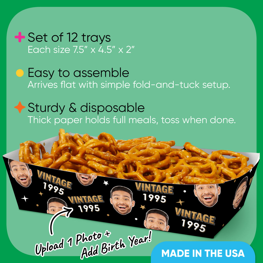 Custom Face Vintage Birthday Paper Food Trays - 12 Ct
