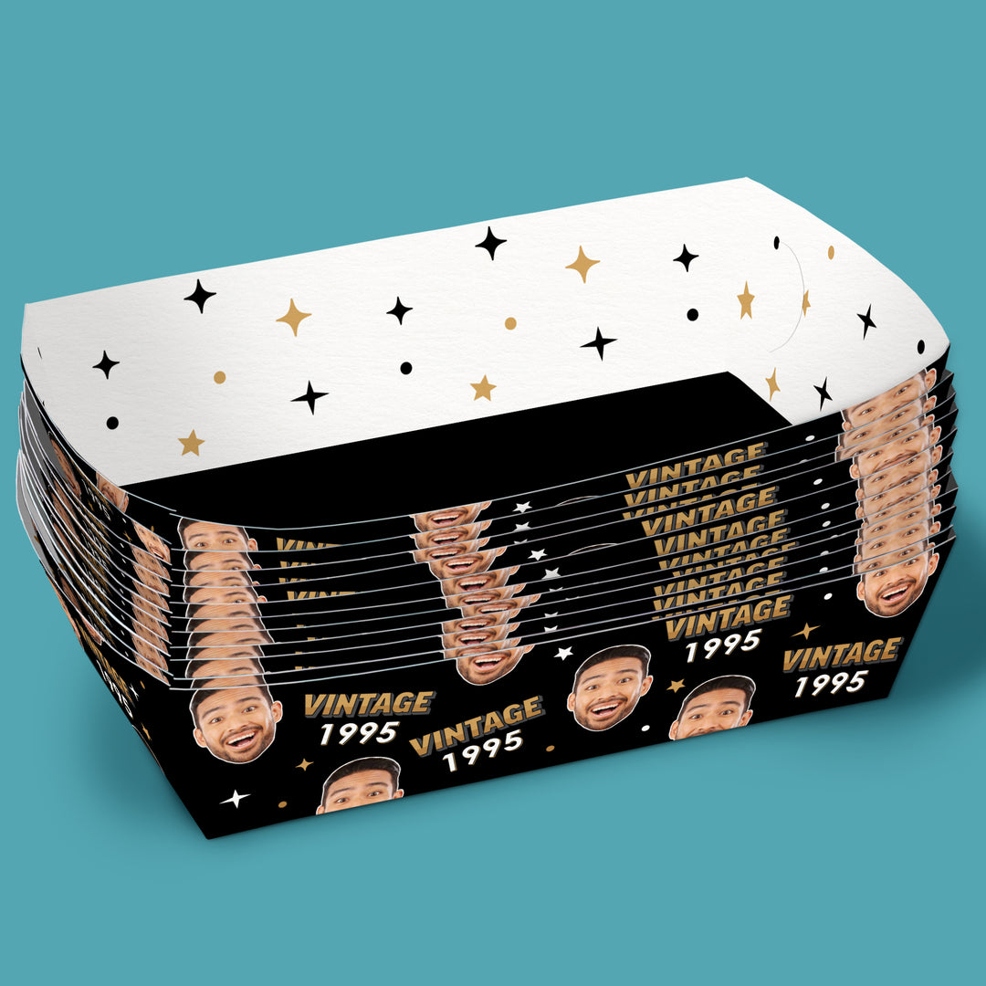 Custom Face Vintage Birthday Paper Food Trays - 12 Ct