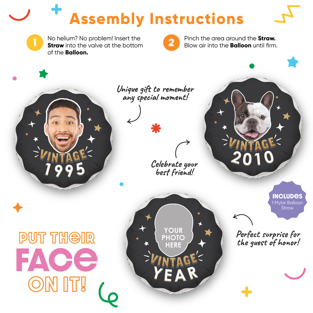 Personalized Fun Face Vintage Birthday Balloon - Double Sided - 1 Ct