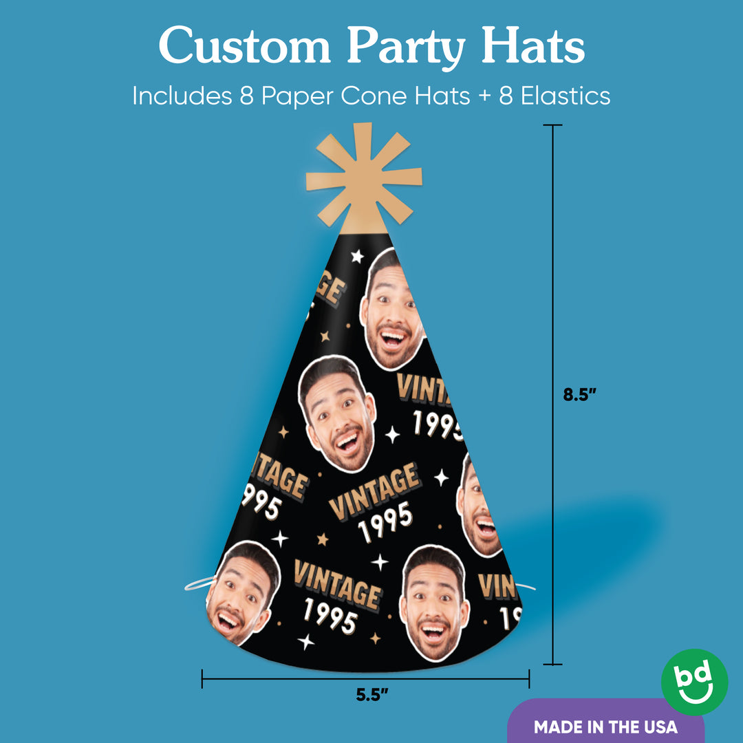 Custom Fun Face Vintage Birthday Cone Hat - 8 Ct
